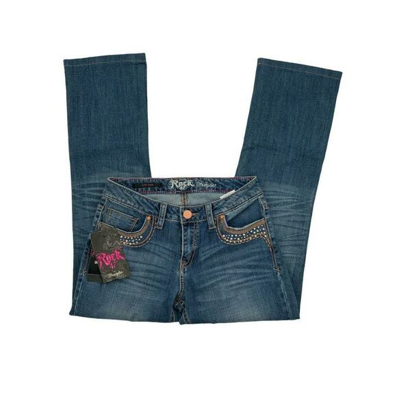Wrangler Rock 47 Jeans Women 28X30 Low Rise Rhinestone Pocket Whiskers Denim NWT - Picture 7 of 12